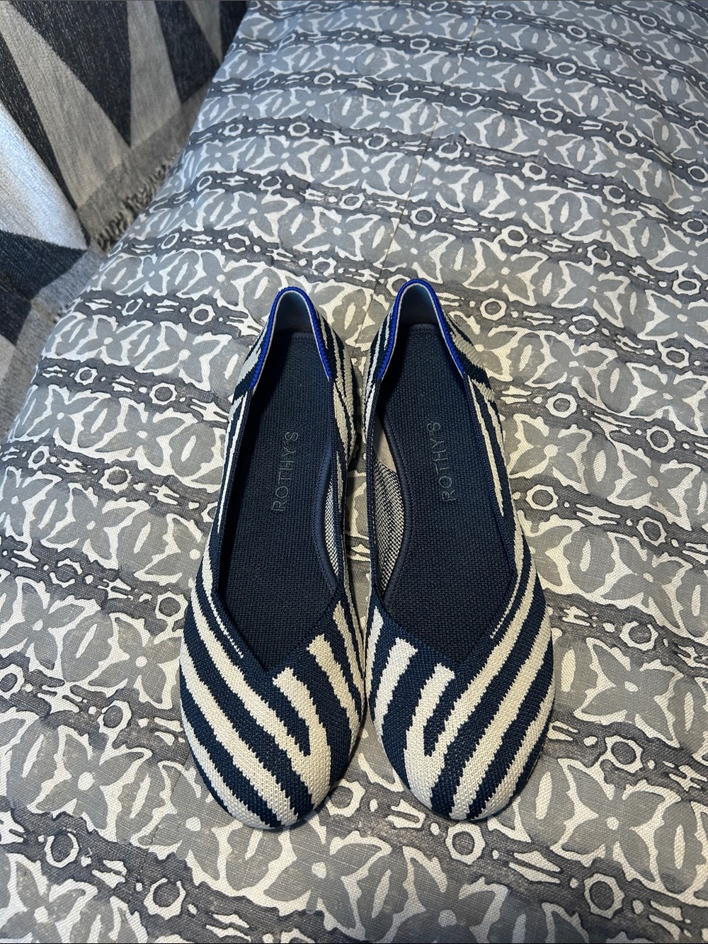 Rothy's Navy and Cream Striped Knit Ballet Flats